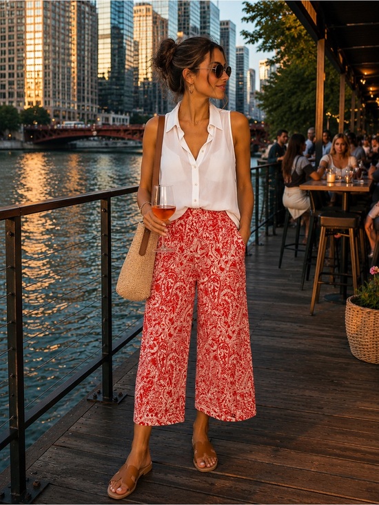 LOFT Pants - LOFT Orange and White Paisley Wide-Leg Pants